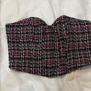 Zara Pink Black Green Tweed Bustier Top Blouse Crop NWT Size Medium